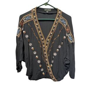 Idyllwind Boho Wrap Front Embroidered 3/4 Sleeve Top Oversized Size XS